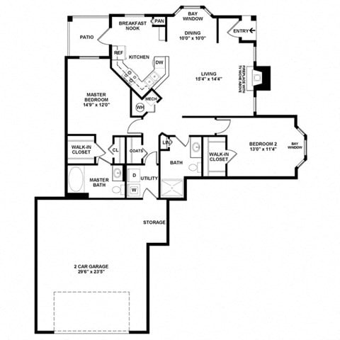 Floor plan for 2 beds, 2 baths, 1365 sqft